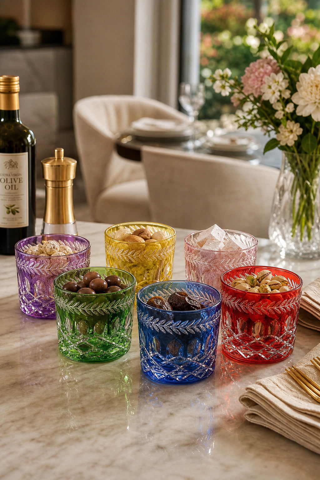 Renkli Kristal Lokumluk Çerezlik 6'lı Set - Hibrit Desenli Dekoratif, 6 Adet