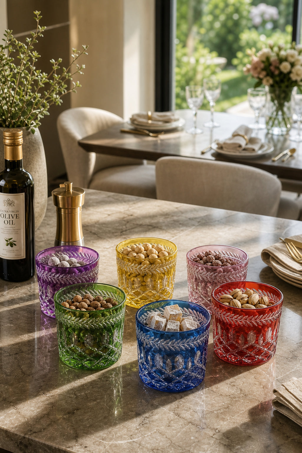 Renkli Kristal Lokumluk Çerezlik 6'lı Set - Hibrit Desenli Dekoratif, 6 Adet