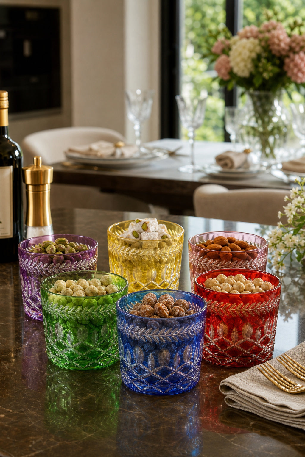 Renkli Kristal Lokumluk Çerezlik 6'lı Set - Hibrit Desenli Dekoratif, 6 Adet
