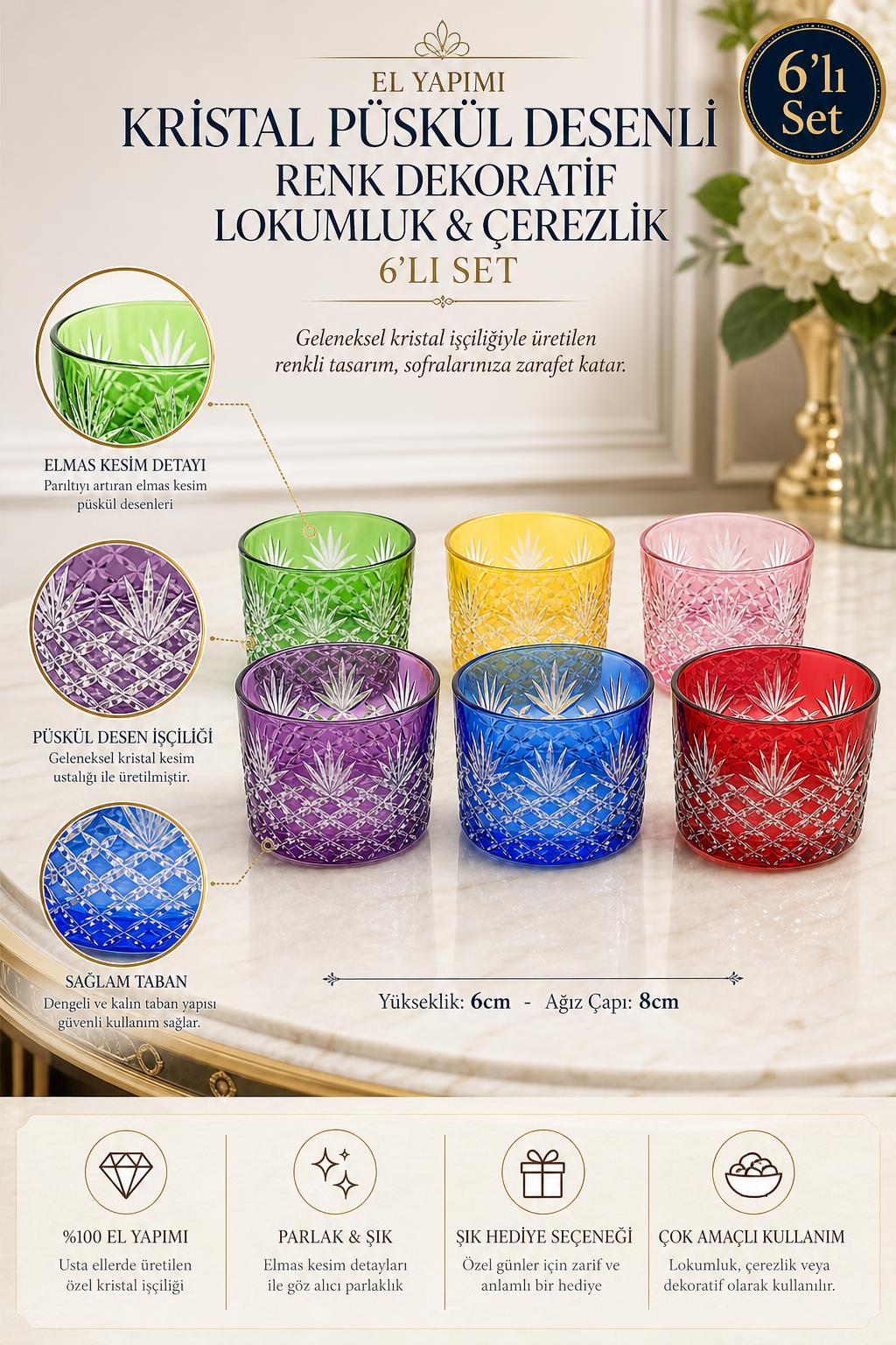 Renkli Kristal Lokumluk Çerezlik 6'lı Set - Püskül Desenli Dekoratif, 6 Adet