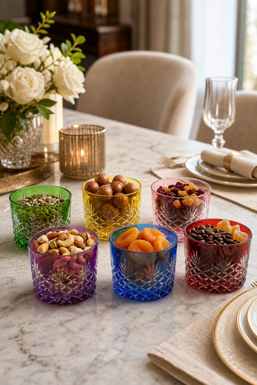 Renkli Kristal Lokumluk Çerezlik 6'lı Set - Püskül Desenli Dekoratif, 6 Adet