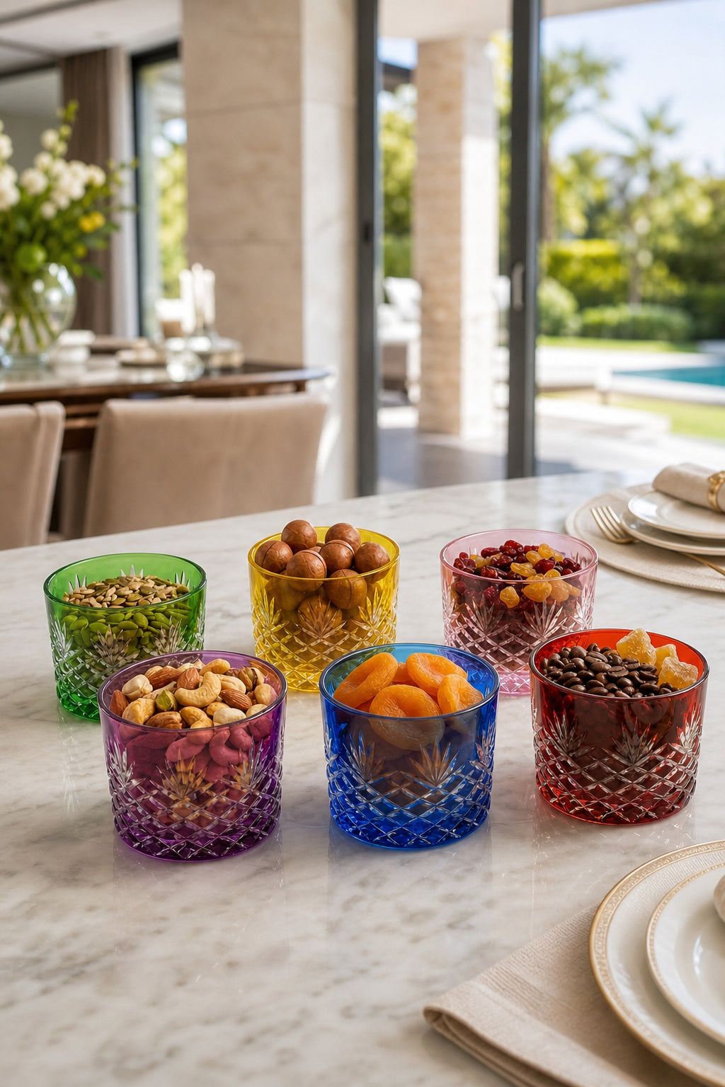 Renkli Kristal Lokumluk Çerezlik 6'lı Set - Püskül Desenli Dekoratif, 6 Adet