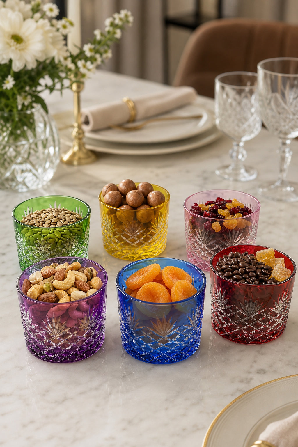 Renkli Kristal Lokumluk Çerezlik 6'lı Set - Püskül Desenli Dekoratif, 6 Adet