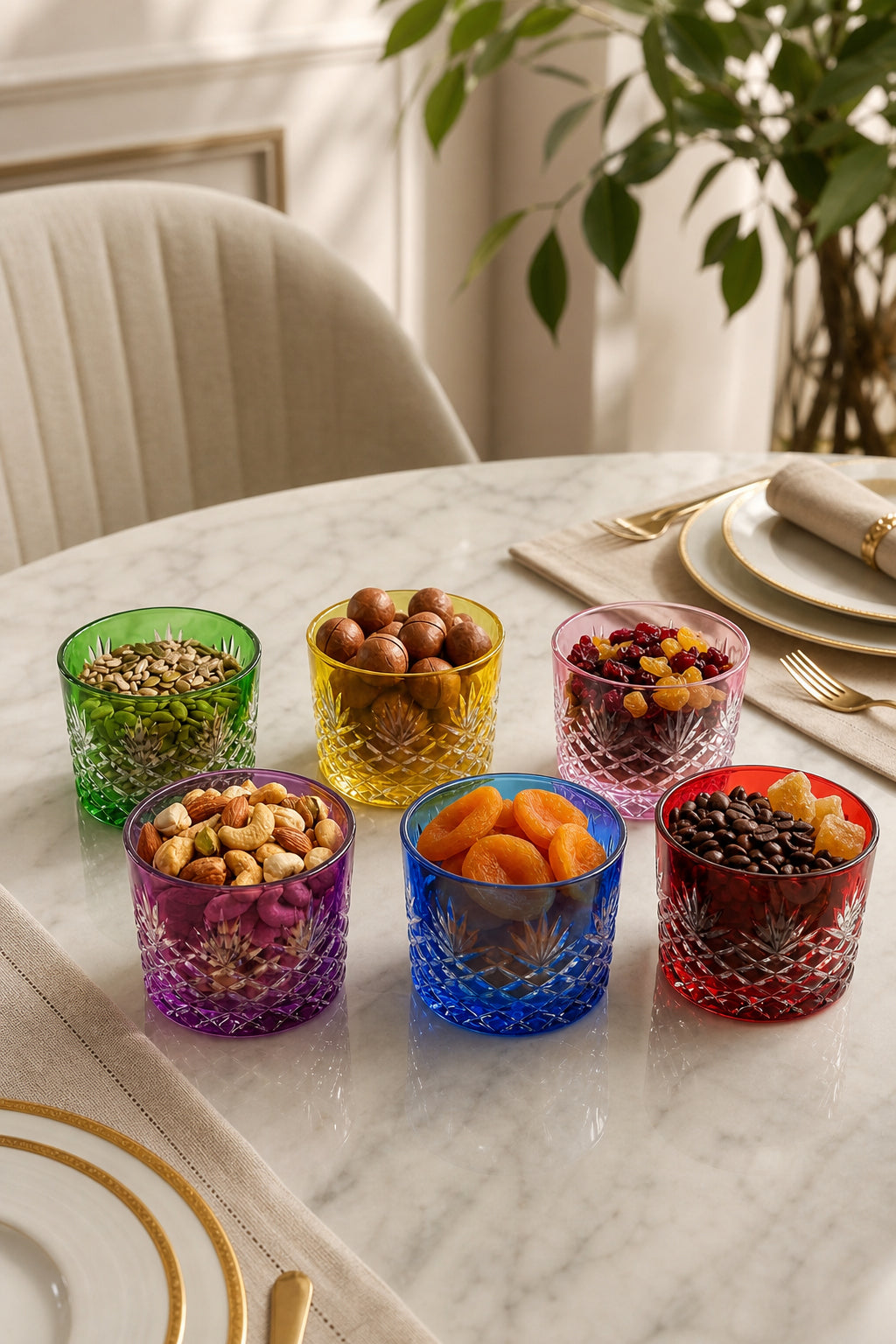 Renkli Kristal Lokumluk Çerezlik 6'lı Set - Püskül Desenli Dekoratif, 6 Adet