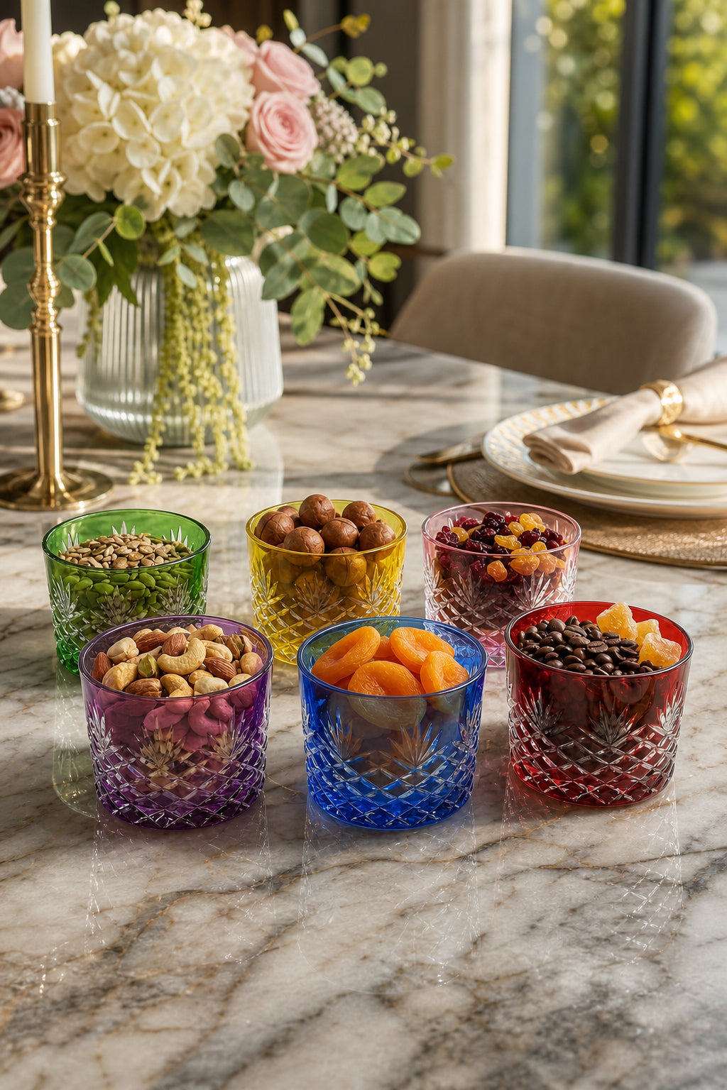 Renkli Kristal Lokumluk Çerezlik 6'lı Set - Püskül Desenli Dekoratif, 6 Adet