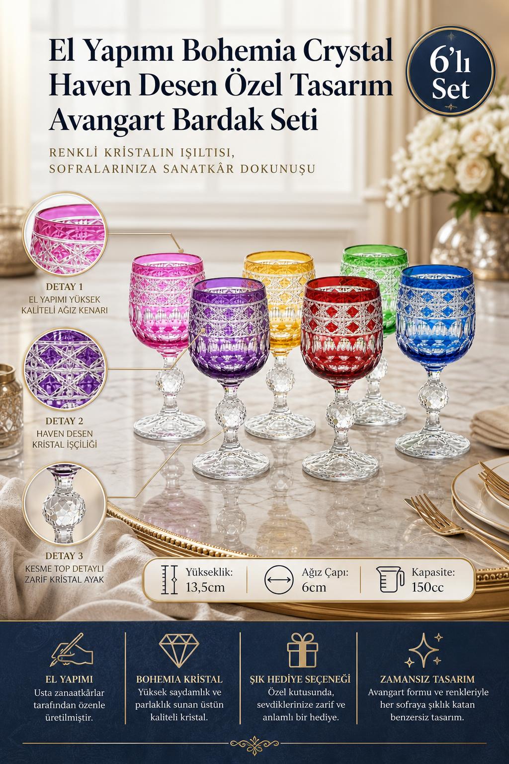 Bohemia Kristal Bardak Seti 6'lı - Haven Desen Avangart Model, 6 Adet