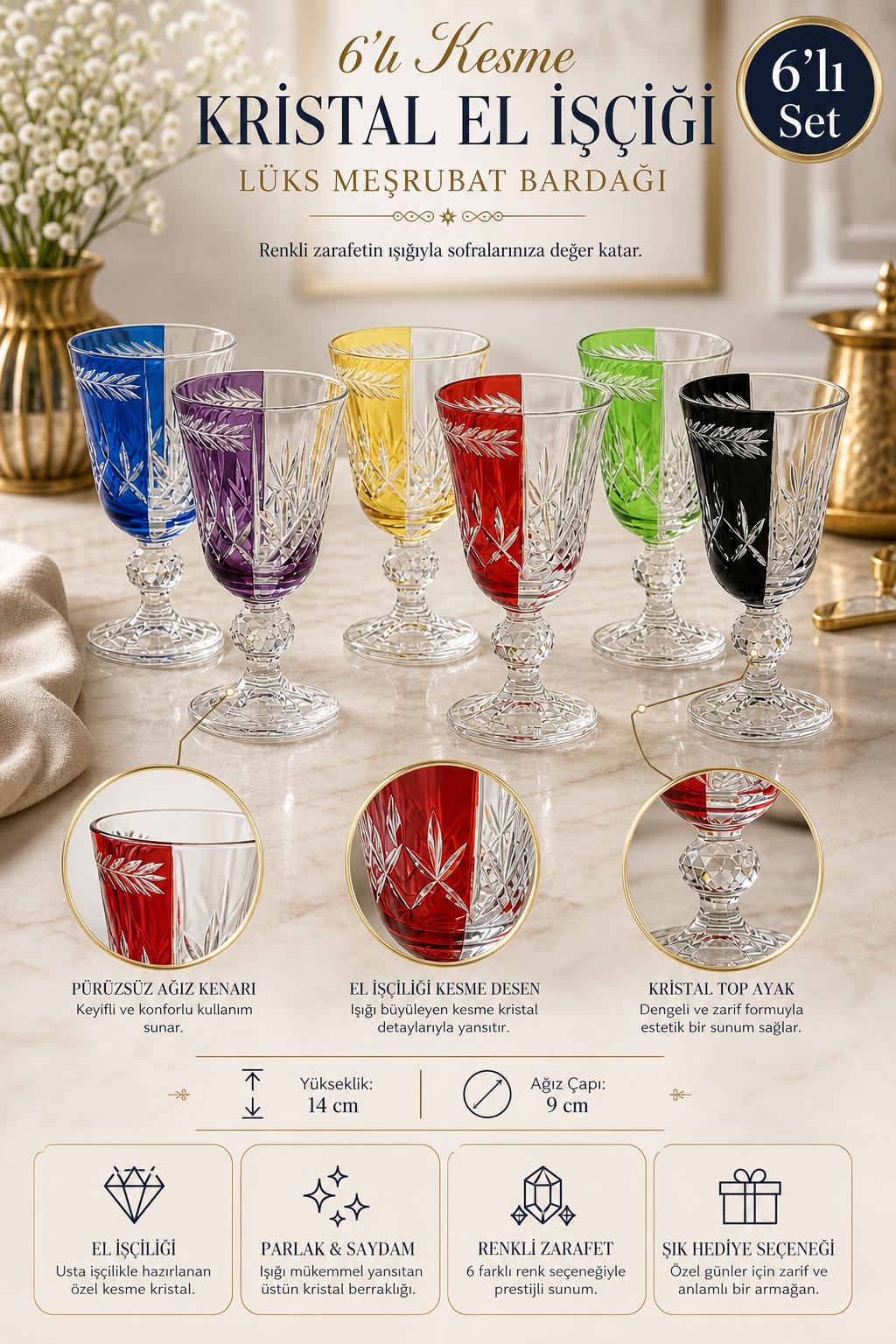 Kesme Kristal Meşrubat Bardağı 6'lı 200 ml - Lüks Bardak Seti, 6 Adet