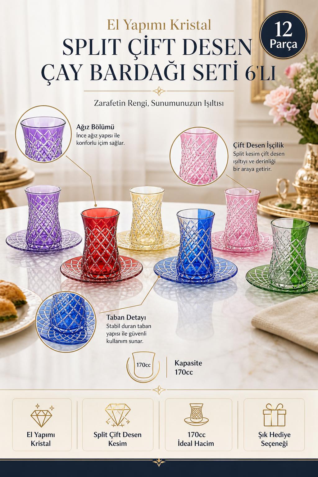 Kristal Çay Bardağı Seti 6'lı - Split Çift Desen, 12 Parça