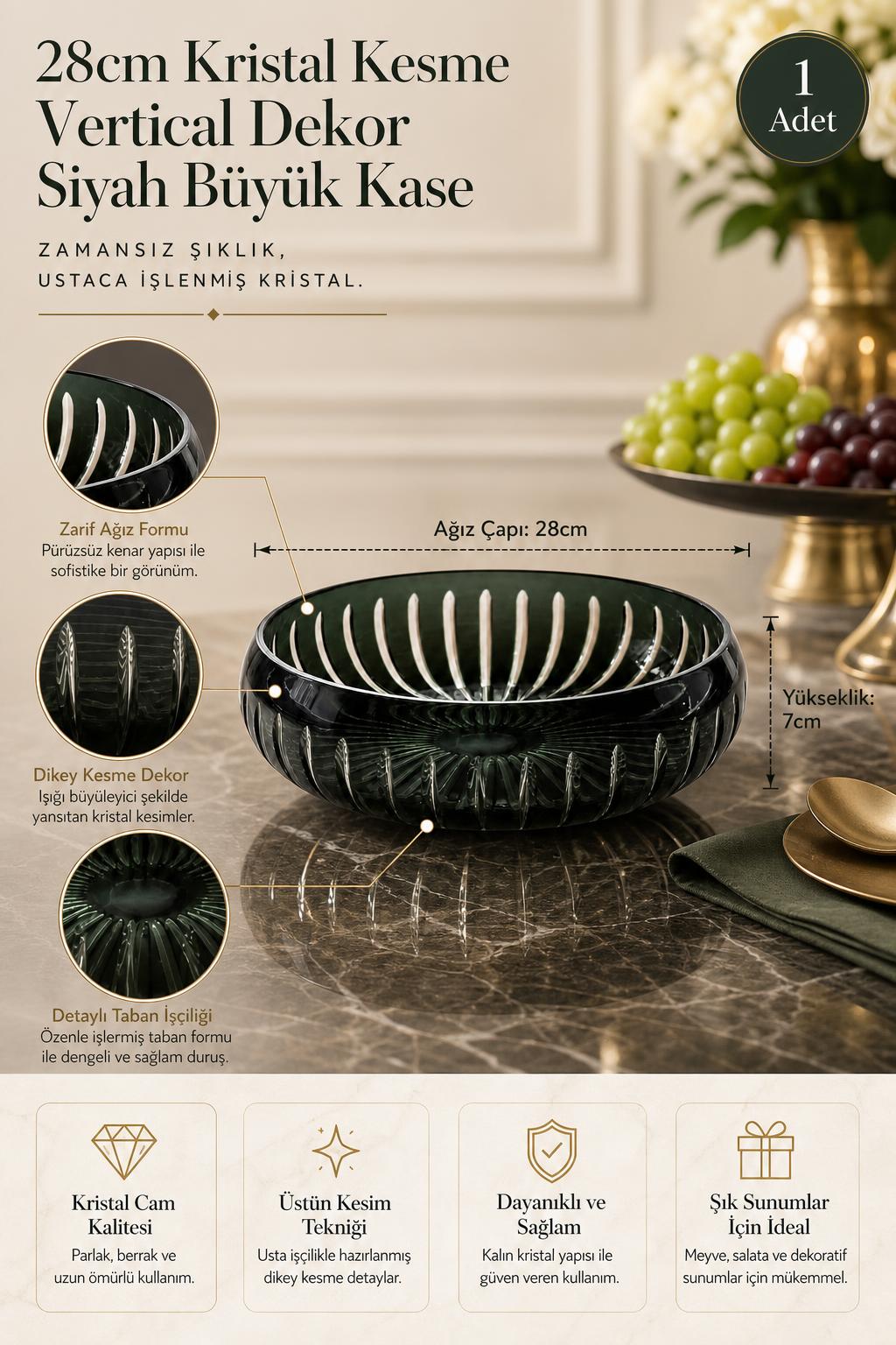 Siyah Kesme Kristal Büyük Kase 28 cm - Vertical Desen Dekoratif, 1 Adet
