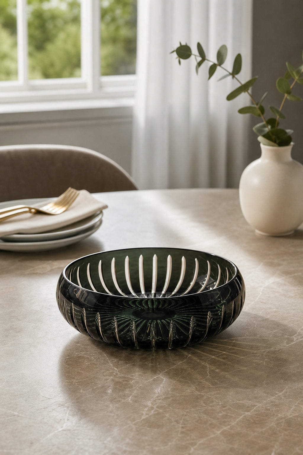 Siyah Kesme Kristal Büyük Kase 28 cm - Vertical Desen Dekoratif, 1 Adet