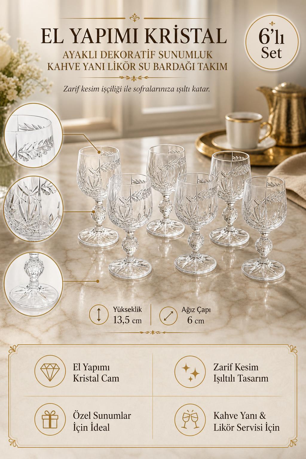 Kristal Ayaklı Kahve Yanı Su Bardağı Takımı 6'lı - Dekoratif Likör Bardağı, 6 Adet