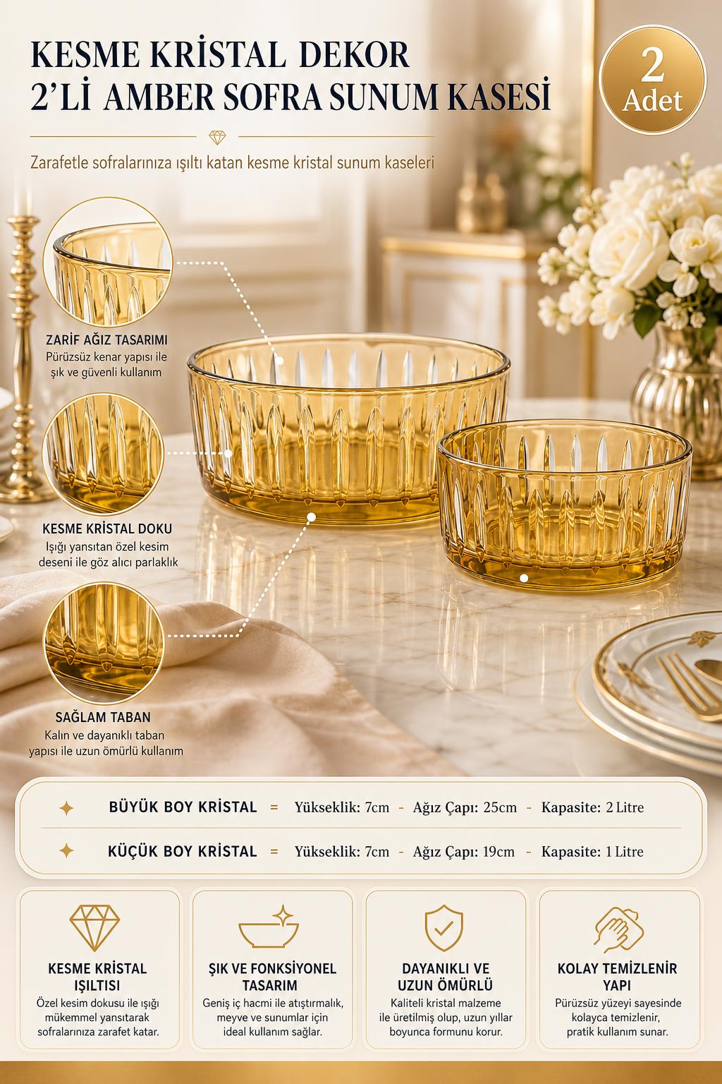 Amber Kesme Kristal Sofra Sunum Kasesi 2'li Set, 2 Adet