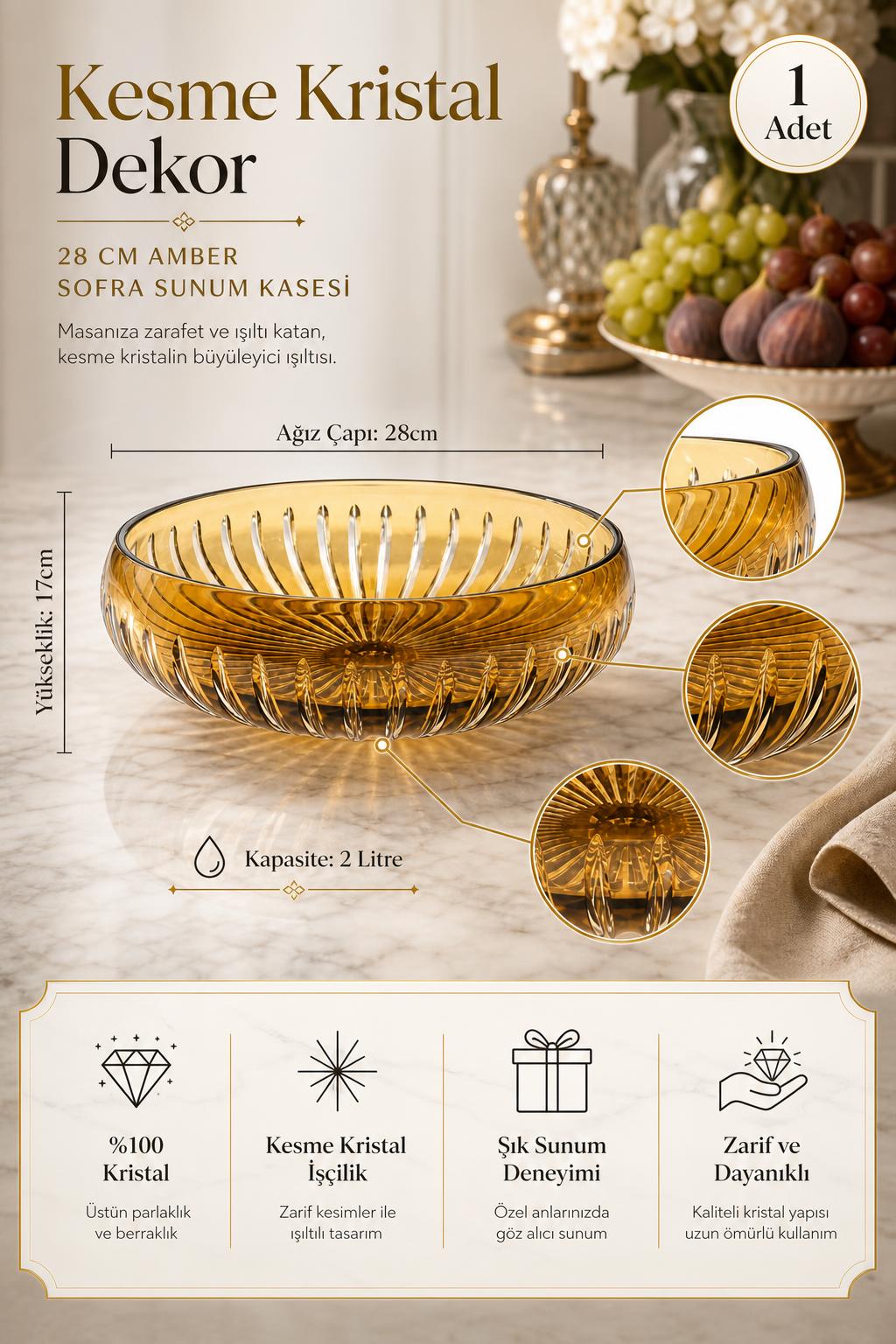 Amber Kesme Kristal Sofra Sunum Kasesi 28 cm - Dekoratif, 1 Adet