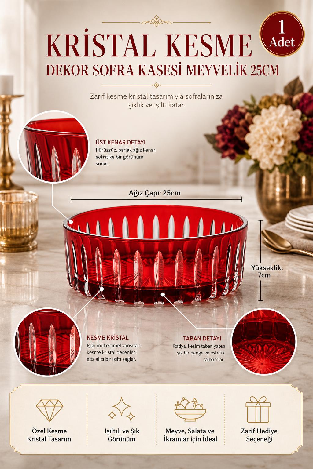 Kesme Kristal Meyvelik 25 cm - Dekoratif Sofra Sunum Kasesi, 1 Adet