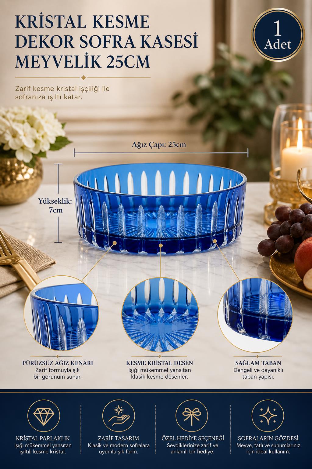 Kesme Kristal Meyvelik 25 cm - Dekoratif Sofra Sunum Kasesi, 1 Adet