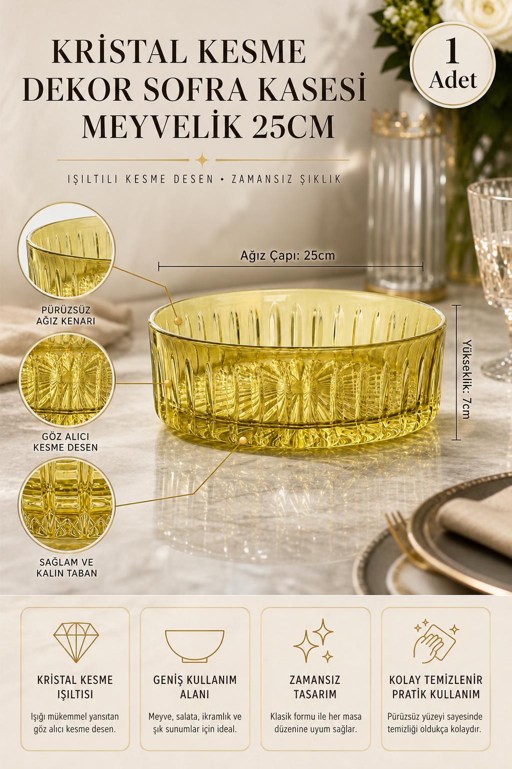 Kesme Kristal Meyvelik 25 cm - Dekoratif Sofra Sunum Kasesi, 1 Adet