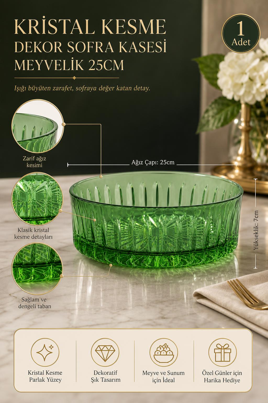 Kesme Kristal Meyvelik 25 cm - Dekoratif Sofra Sunum Kasesi, 1 Adet