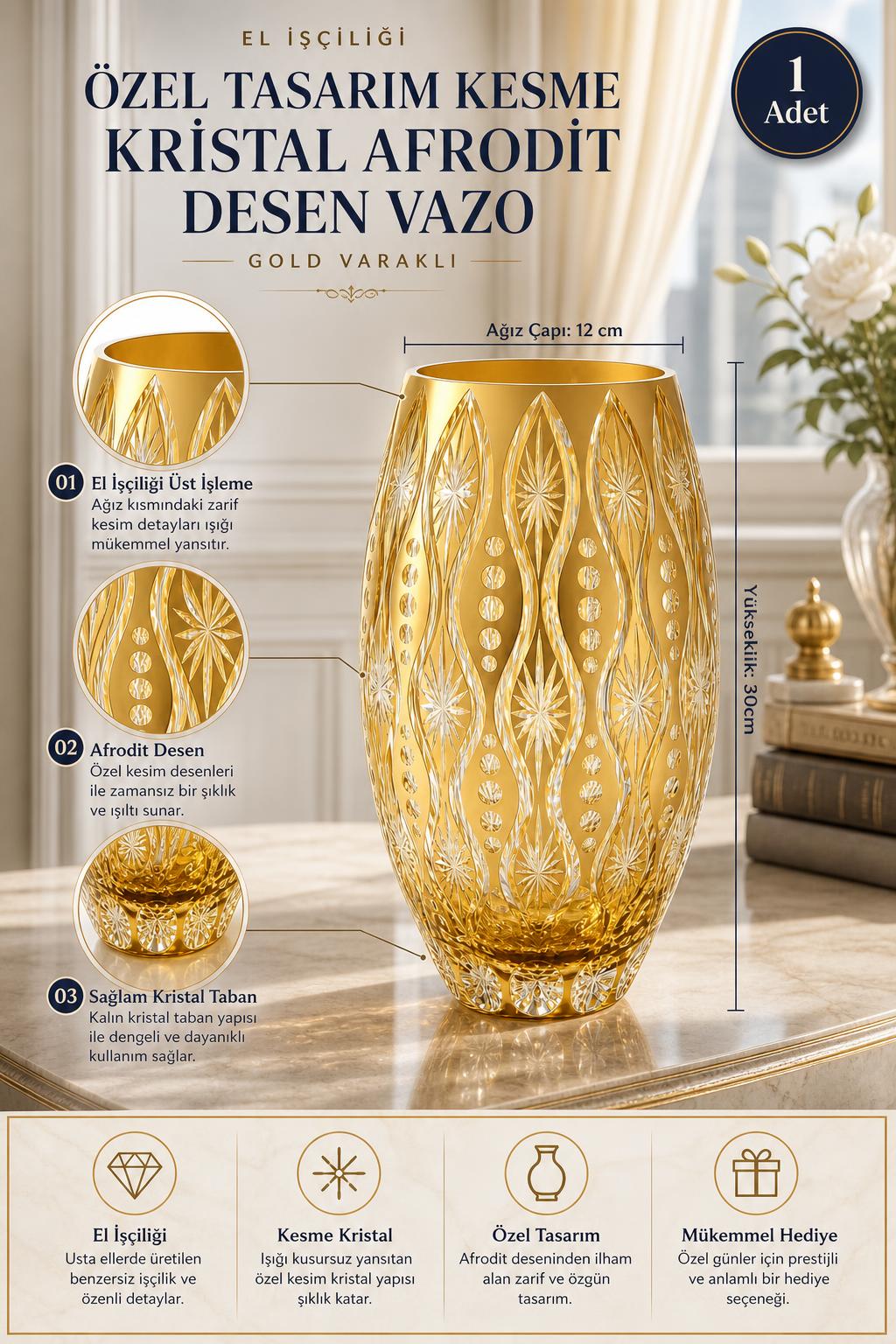 Kesme Kristal Vazo Gold Varaklı - Afrodit Desen Dekoratif Lüks Vazo, 1 Adet