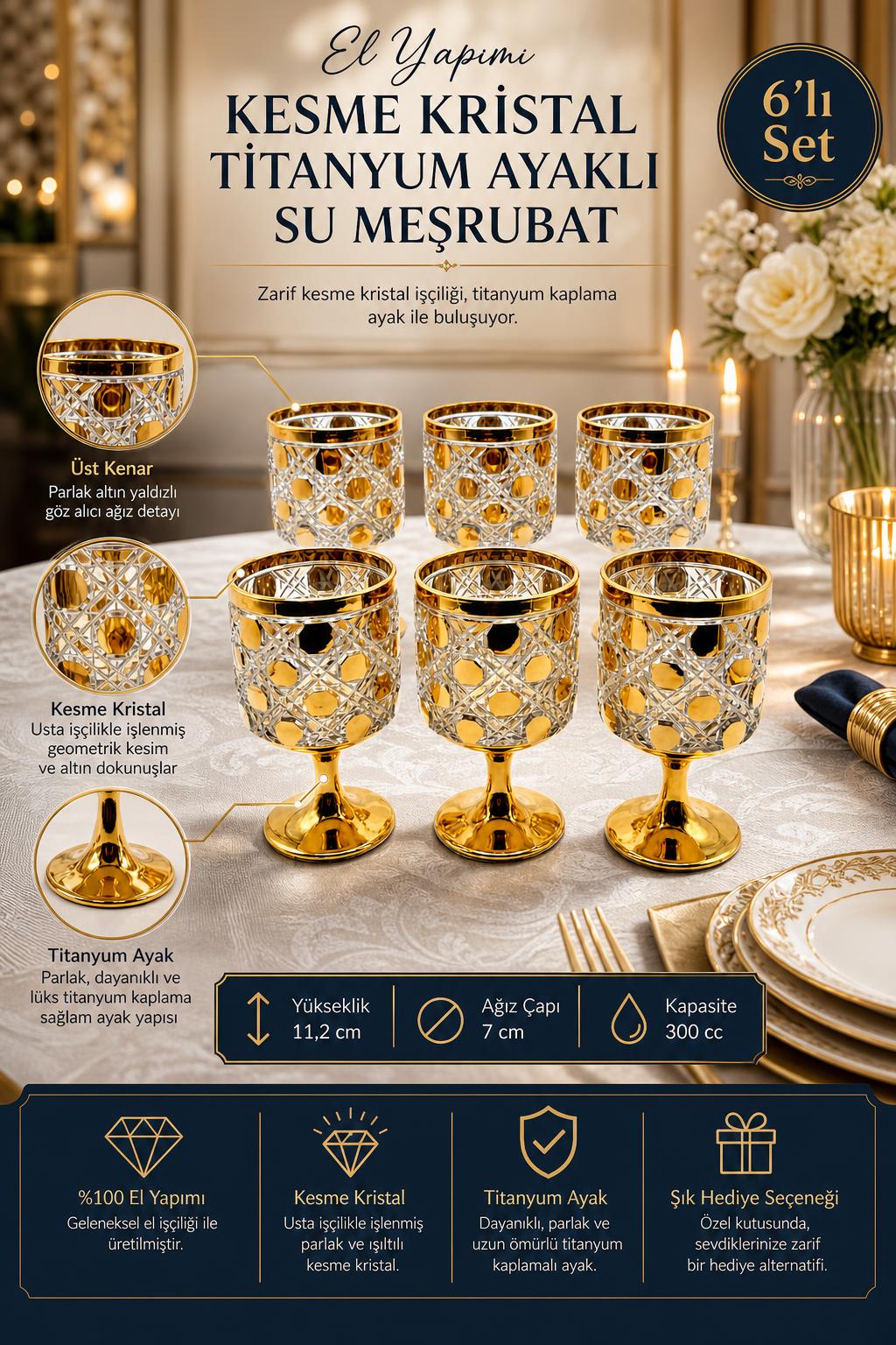 Kesme Kristal Ayaklı Su ve Meşrubat Bardağı - Titanyum Model, 6 Adet