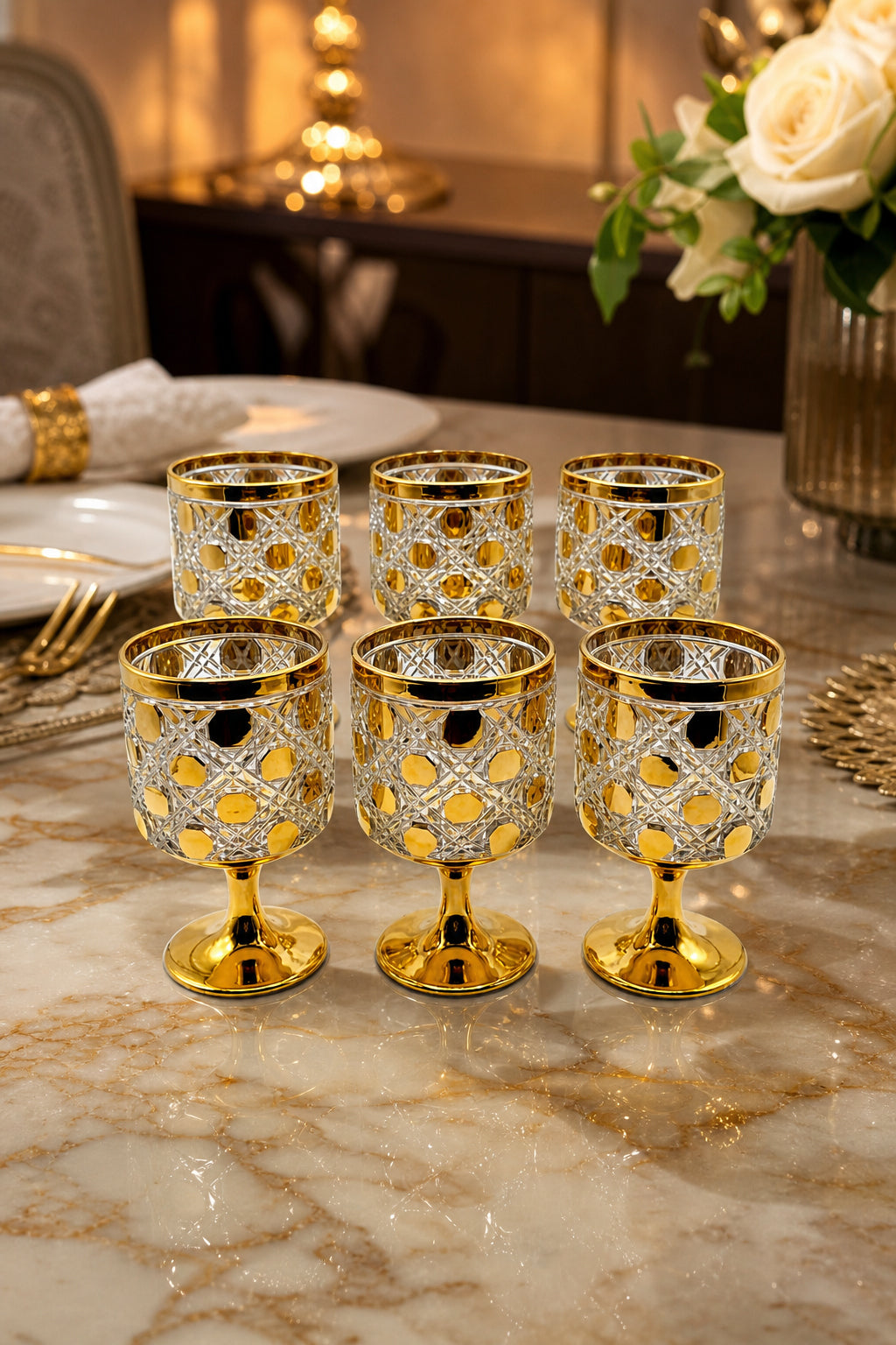 Kesme Kristal Ayaklı Su ve Meşrubat Bardağı - Titanyum Model, 6 Adet