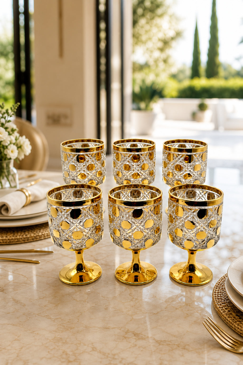 Kesme Kristal Ayaklı Su ve Meşrubat Bardağı - Titanyum Model, 6 Adet
