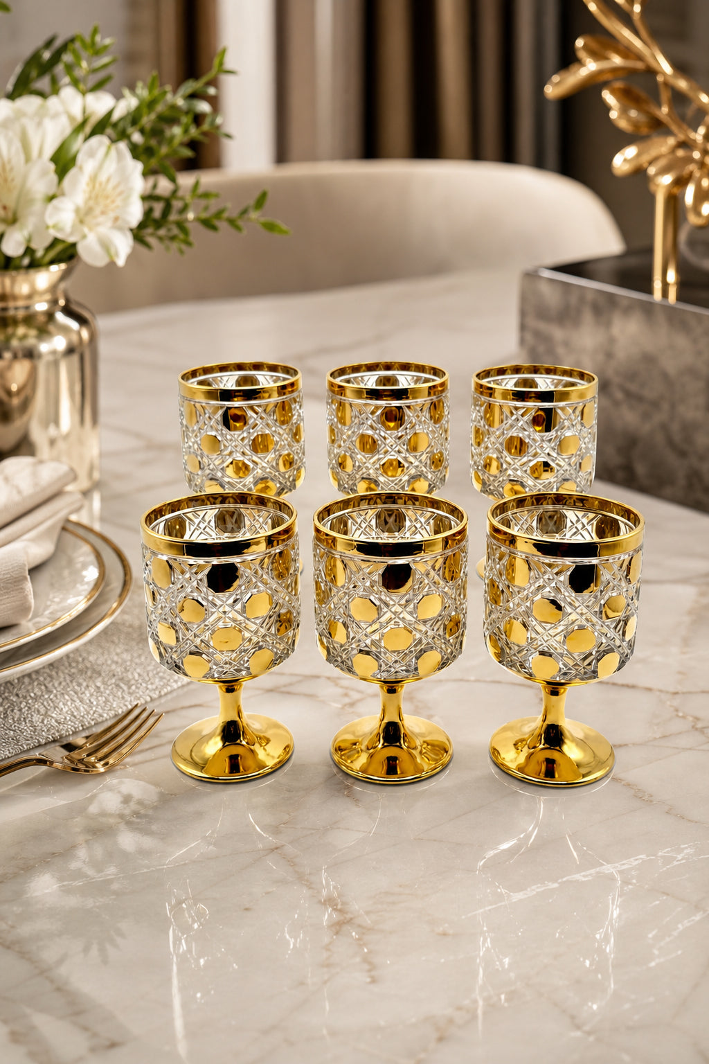 Kesme Kristal Ayaklı Su ve Meşrubat Bardağı - Titanyum Model, 6 Adet
