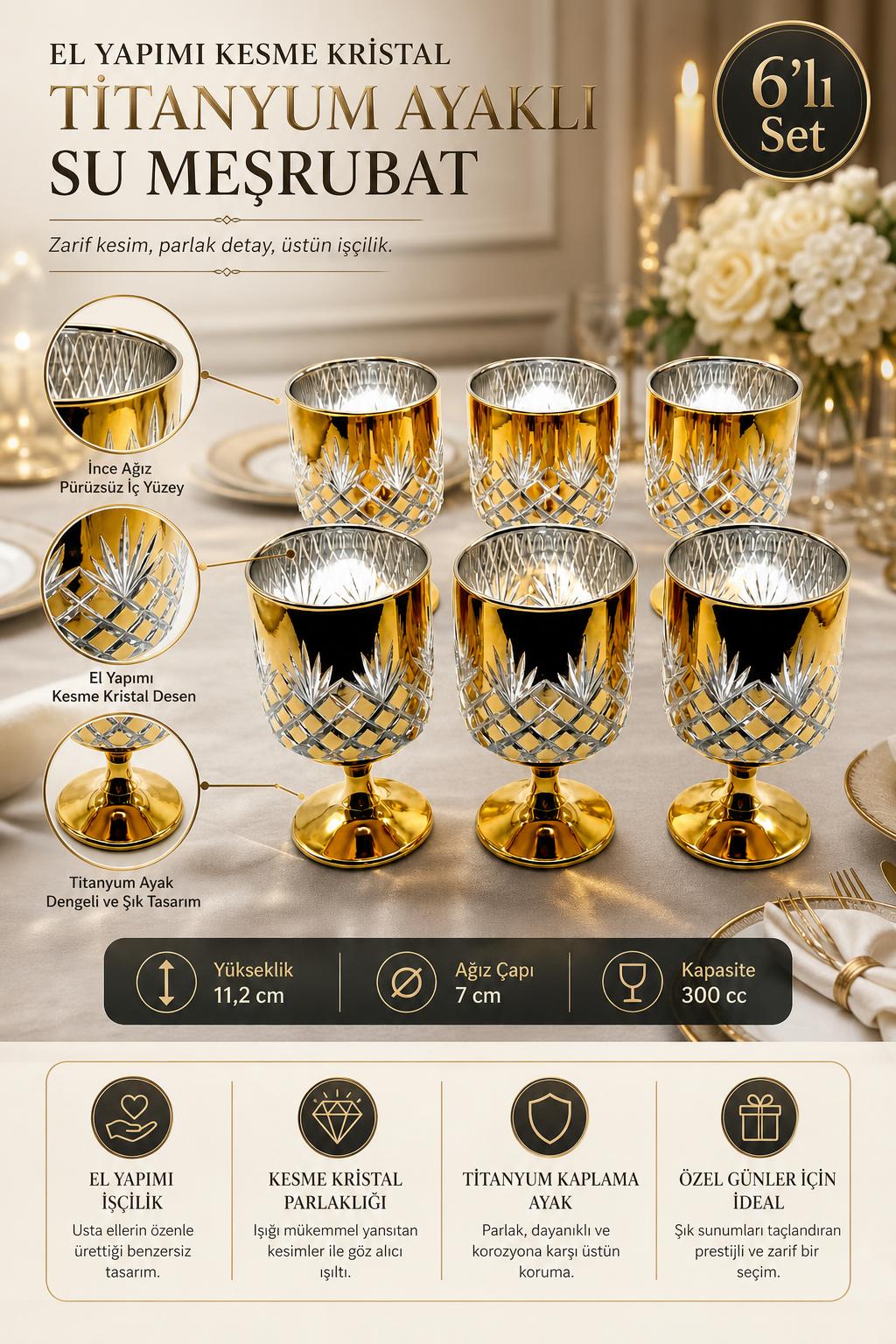 Kesme Kristal Ayaklı Su ve Meşrubat Bardağı - Titanyum Model, 6 Adet