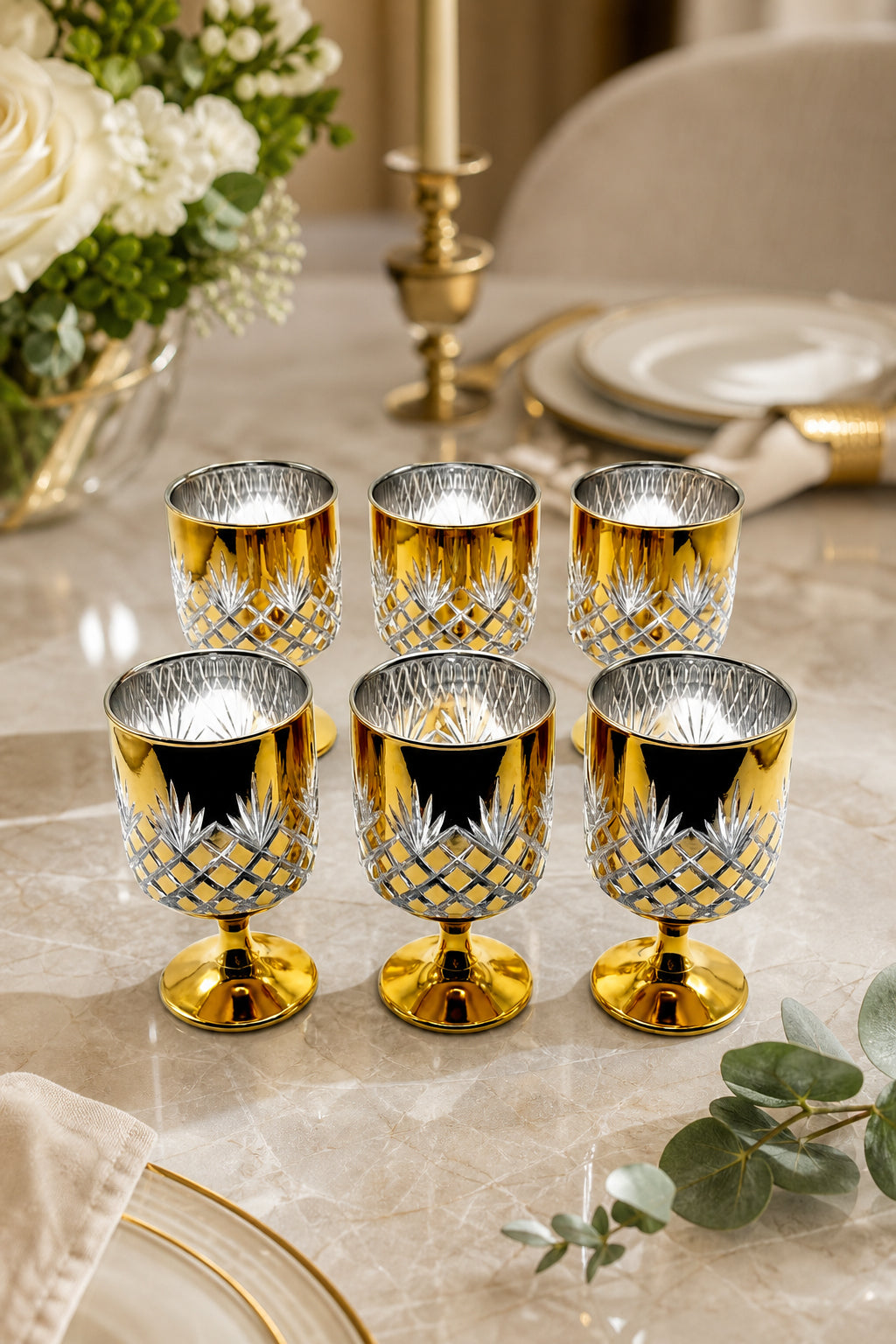 Kesme Kristal Ayaklı Su ve Meşrubat Bardağı - Titanyum Model, 6 Adet