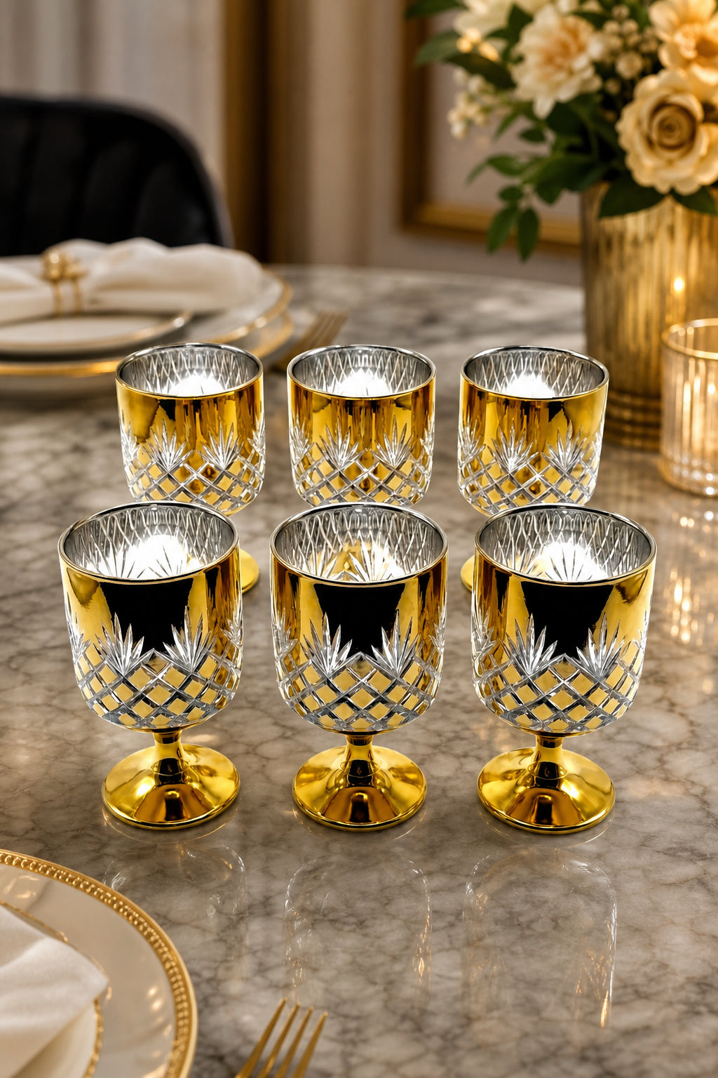 Kesme Kristal Ayaklı Su ve Meşrubat Bardağı - Titanyum Model, 6 Adet