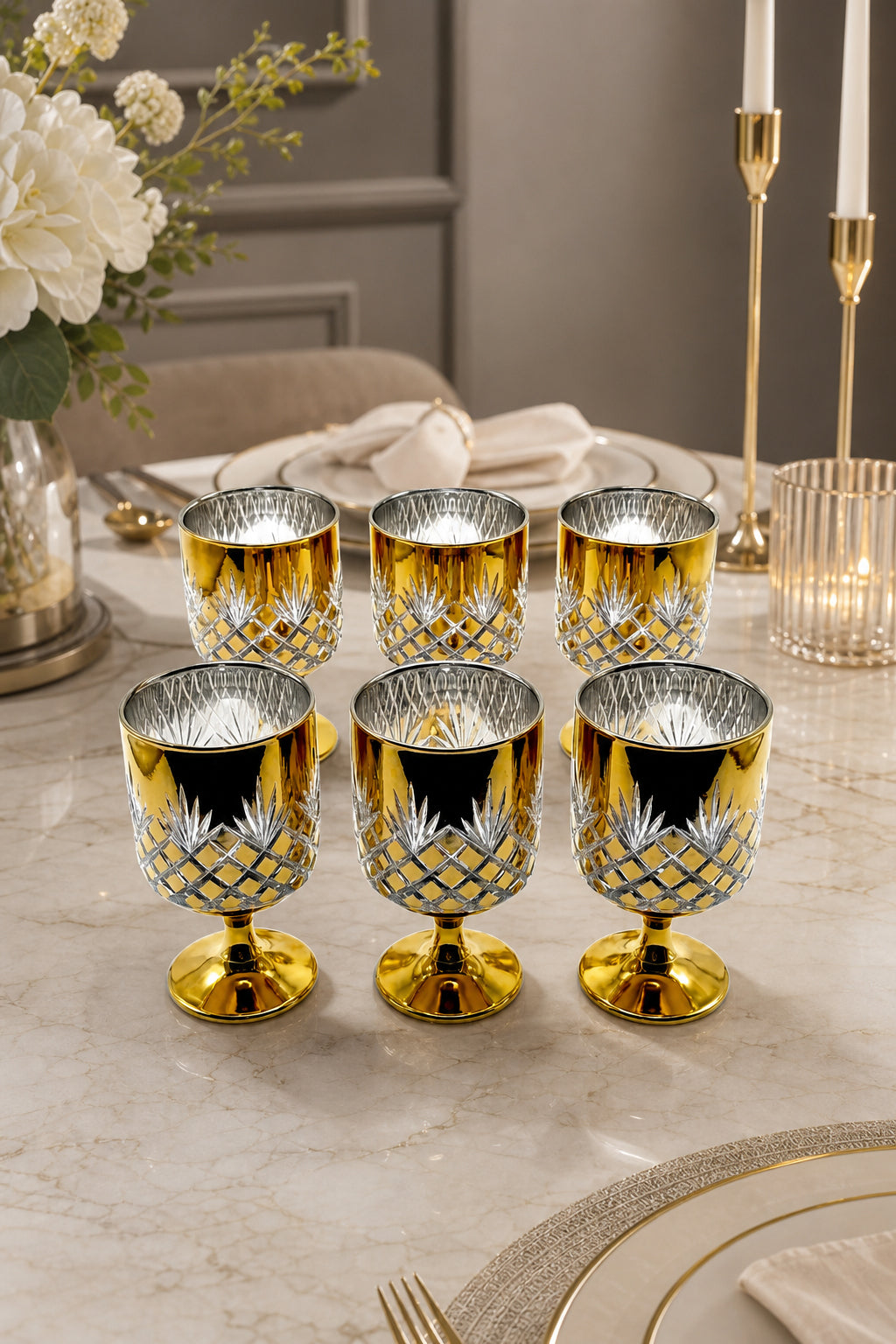 Kesme Kristal Ayaklı Su ve Meşrubat Bardağı - Titanyum Model, 6 Adet