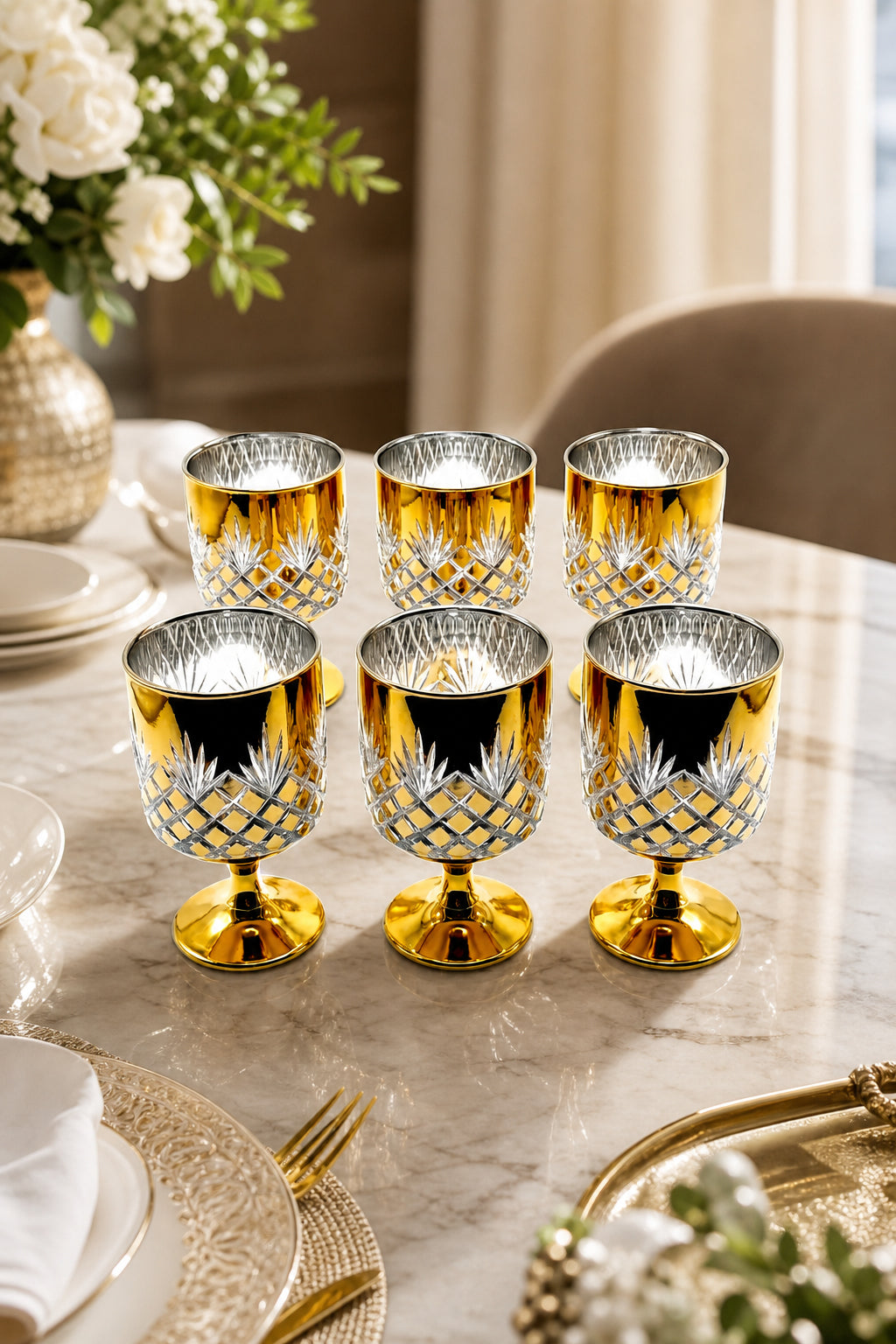 Kesme Kristal Ayaklı Su ve Meşrubat Bardağı - Titanyum Model, 6 Adet