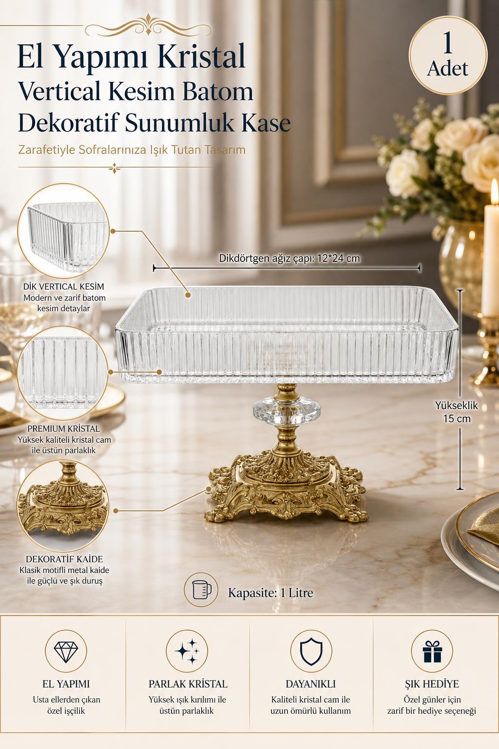 Kristal Baton Sunumluk Kase - Vertical Kesim Dekoratif Kase, 1 Adet