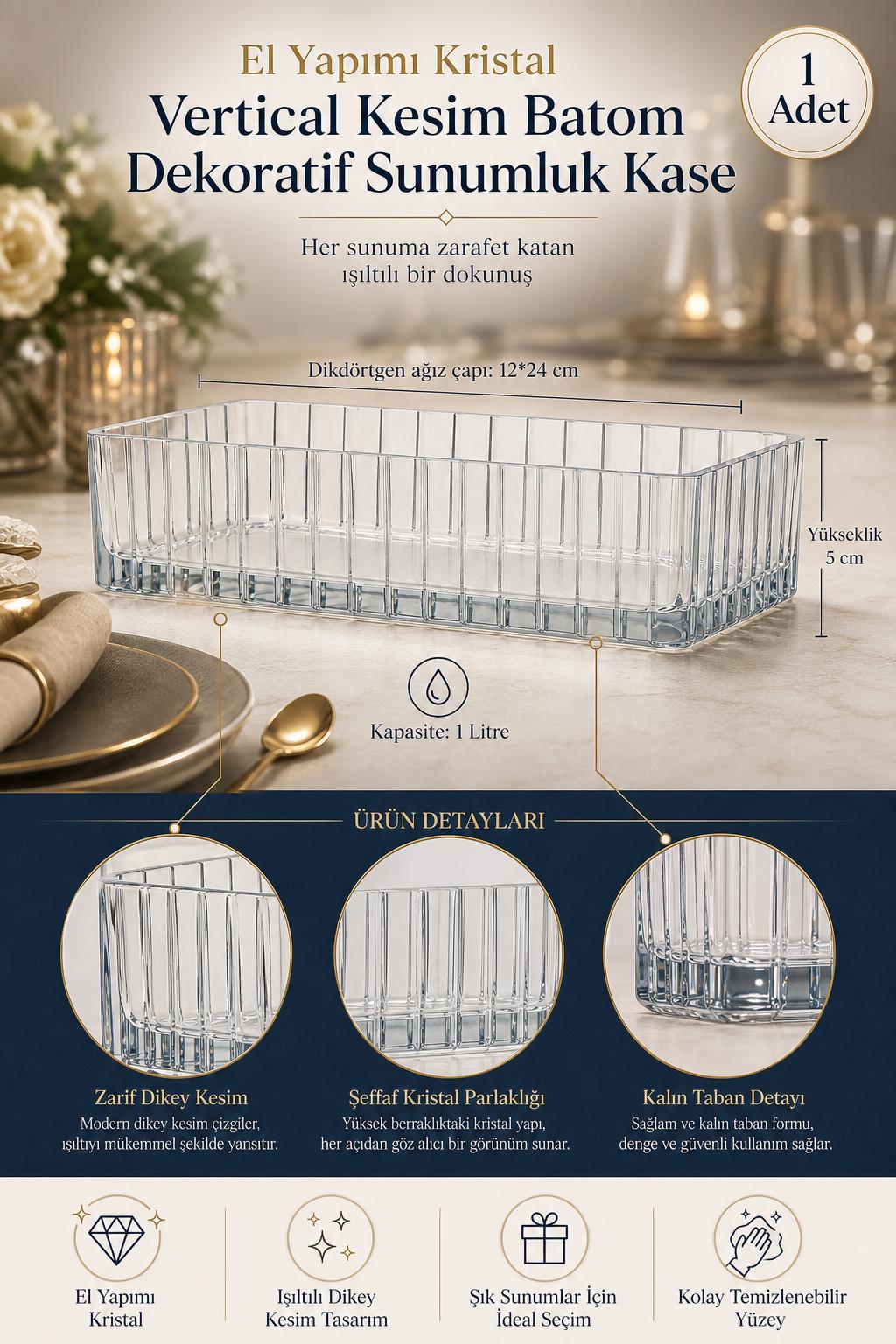 Kristal Baton Sunumluk Kase - Vertical Kesim Dekoratif Kase, 1 Adet