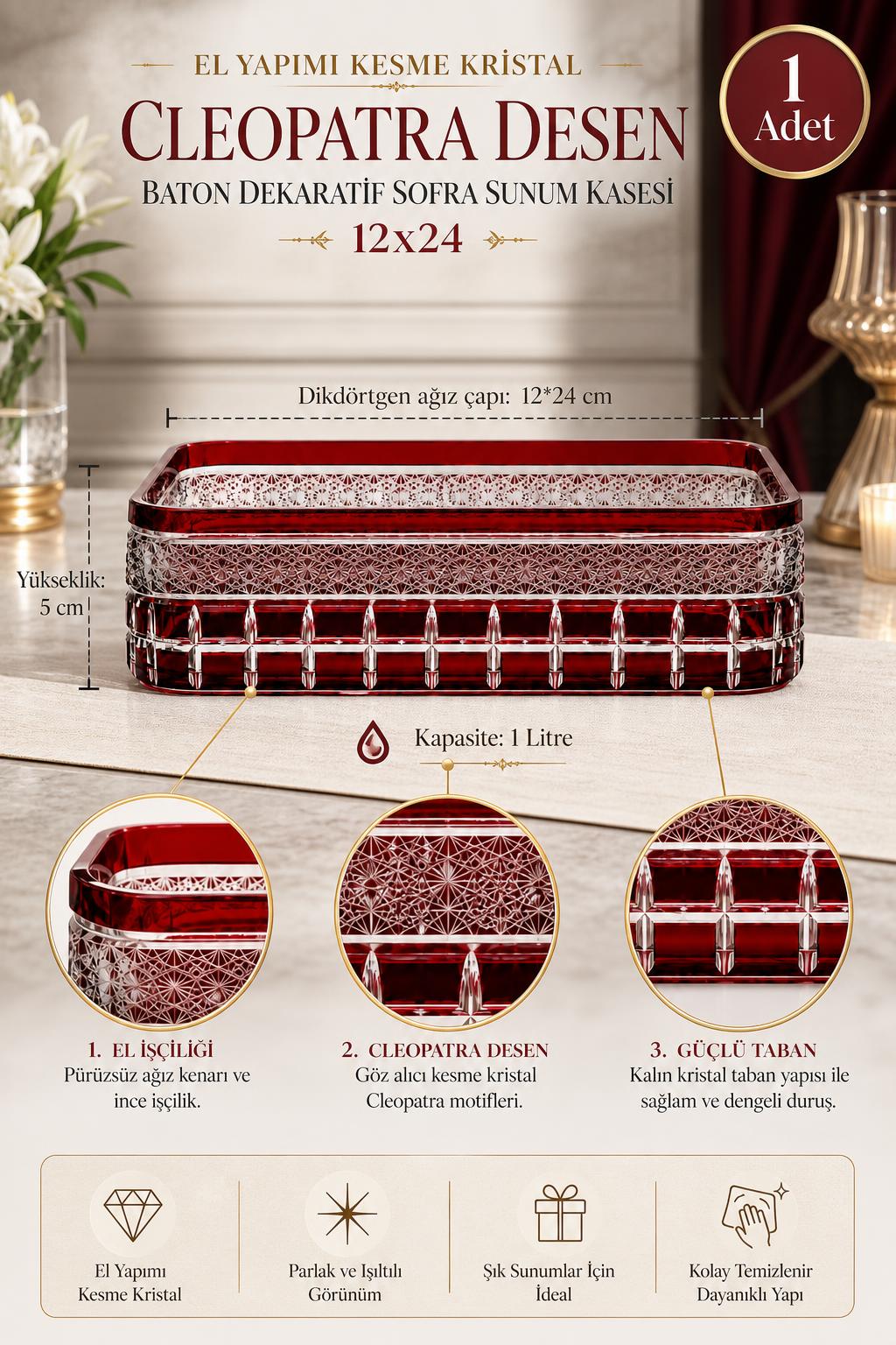 Kesme Kristal Baton Sunum Kasesi 12x24 cm - Cleopatra Desen Dekoratif Sofra Kasesi, 1 Adet