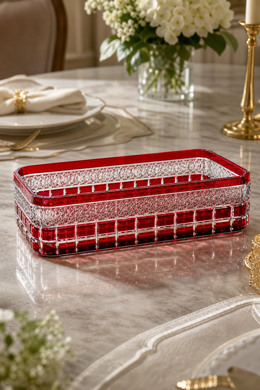 Kesme Kristal Baton Sunum Kasesi 12x24 cm - Cleopatra Desen Dekoratif Sofra Kasesi, 1 Adet