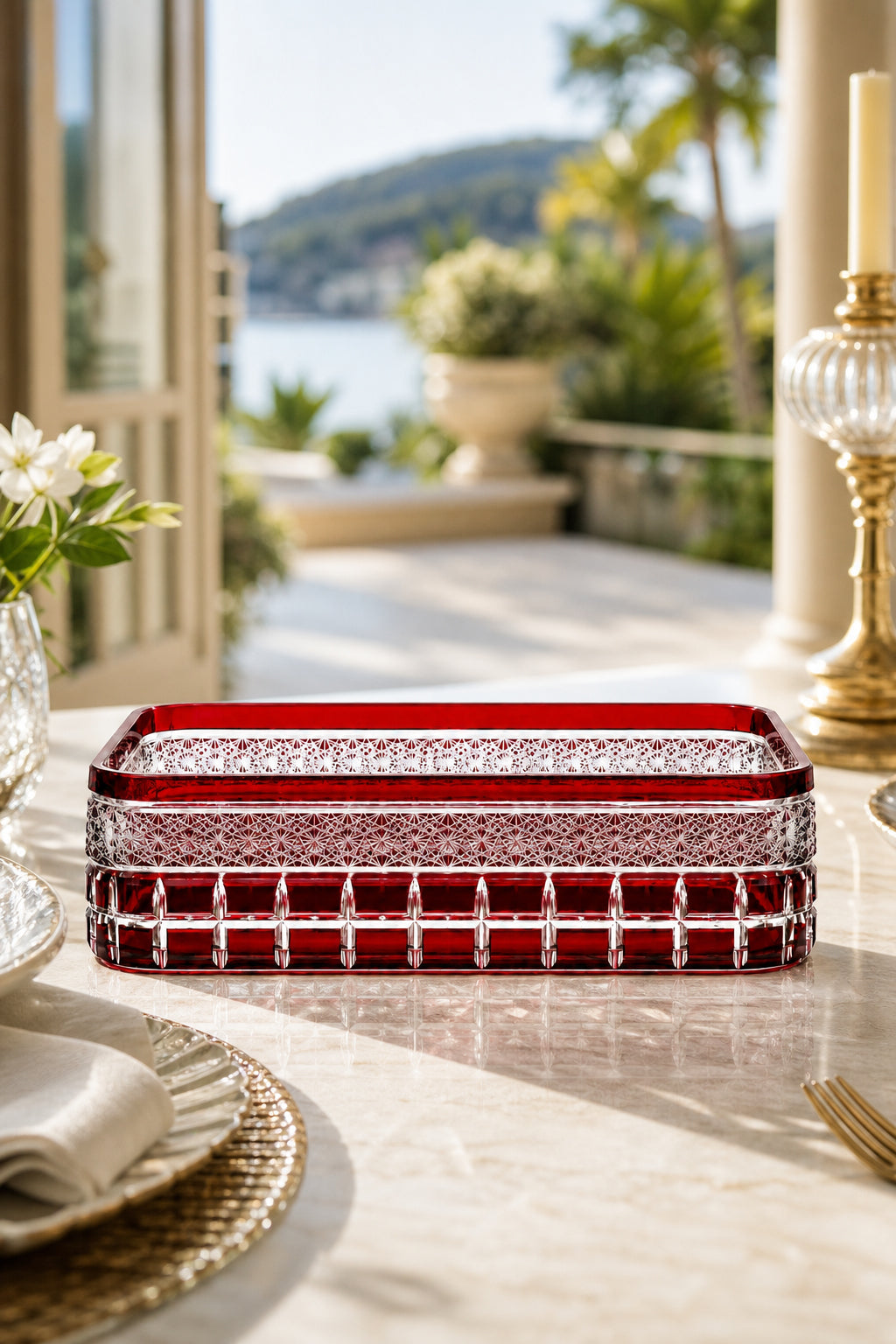 Kesme Kristal Baton Sunum Kasesi 12x24 cm - Cleopatra Desen Dekoratif Sofra Kasesi, 1 Adet