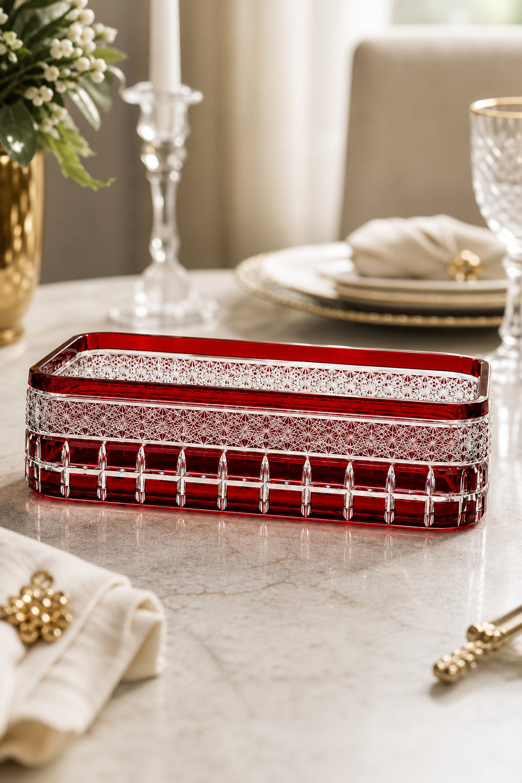 Kesme Kristal Baton Sunum Kasesi 12x24 cm - Cleopatra Desen Dekoratif Sofra Kasesi, 1 Adet