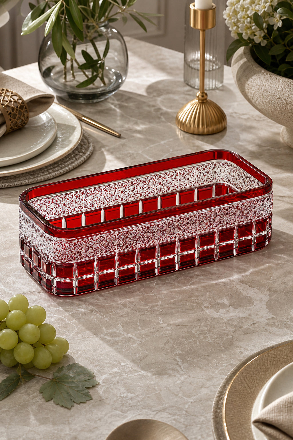 Kesme Kristal Baton Sunum Kasesi 12x24 cm - Cleopatra Desen Dekoratif Sofra Kasesi, 1 Adet