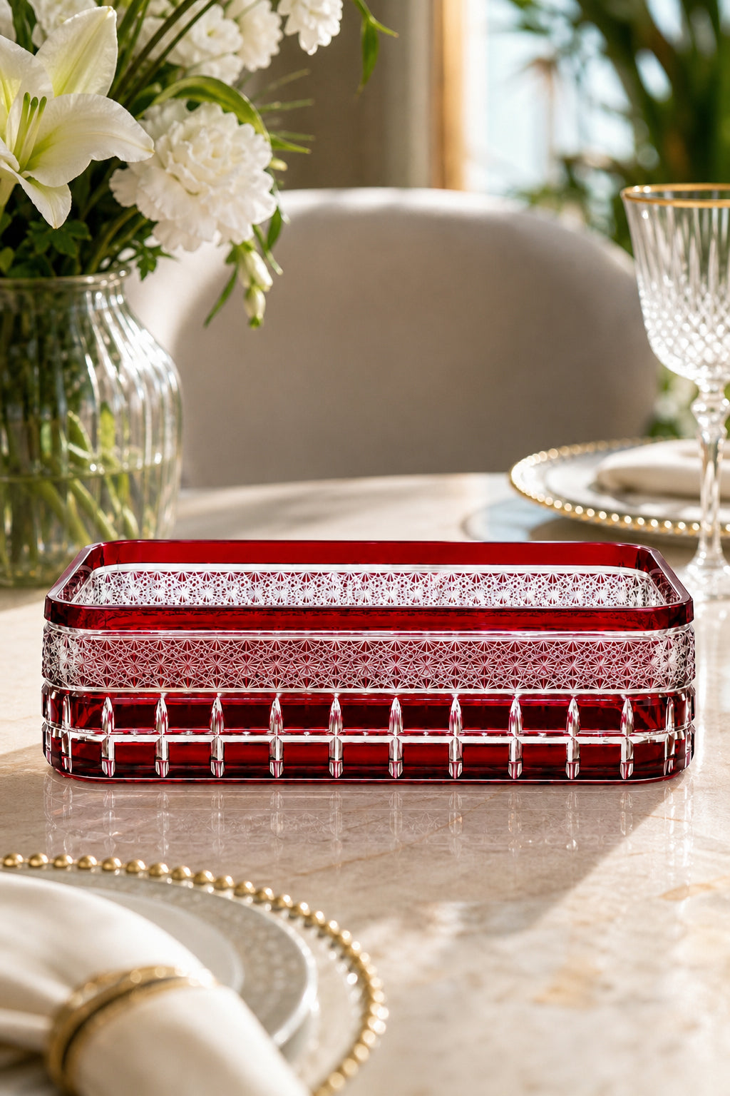 Kesme Kristal Baton Sunum Kasesi 12x24 cm - Cleopatra Desen Dekoratif Sofra Kasesi, 1 Adet