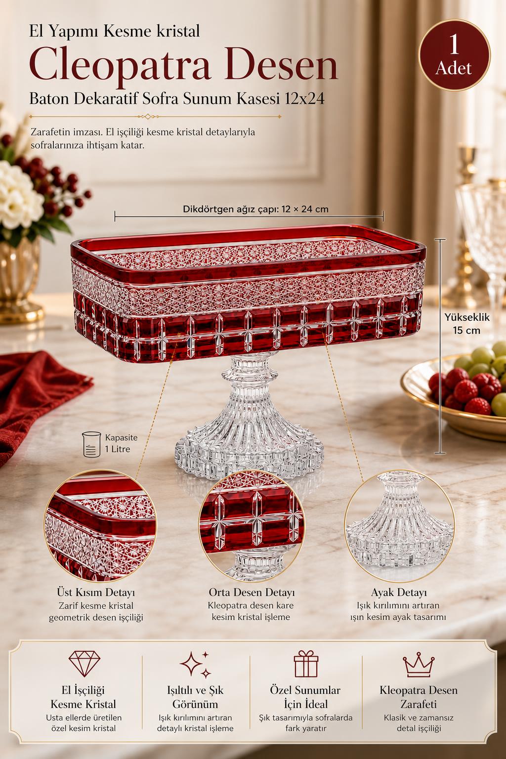 Kesme Kristal Baton Sunum Kasesi 12x24 cm - Cleopatra Desen Dekoratif Sofra Kasesi, 1 Adet