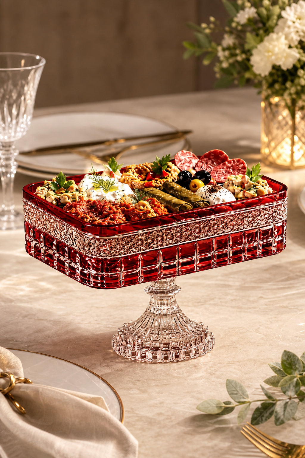 Kesme Kristal Baton Sunum Kasesi 12x24 cm - Cleopatra Desen Dekoratif Sofra Kasesi, 1 Adet