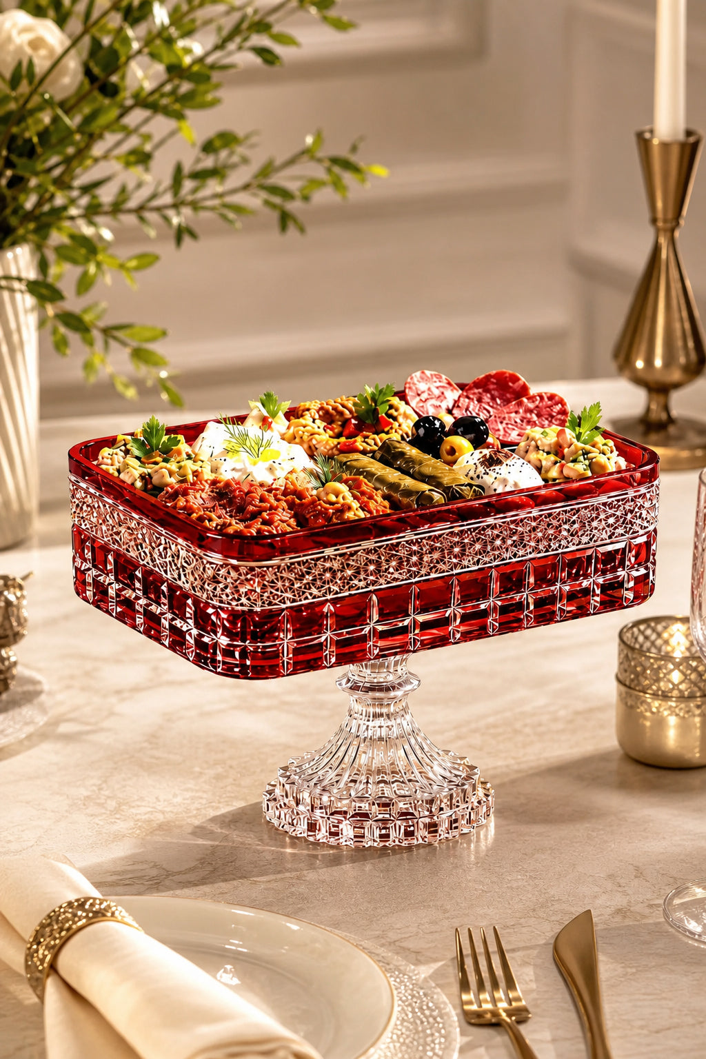 Kesme Kristal Baton Sunum Kasesi 12x24 cm - Cleopatra Desen Dekoratif Sofra Kasesi, 1 Adet