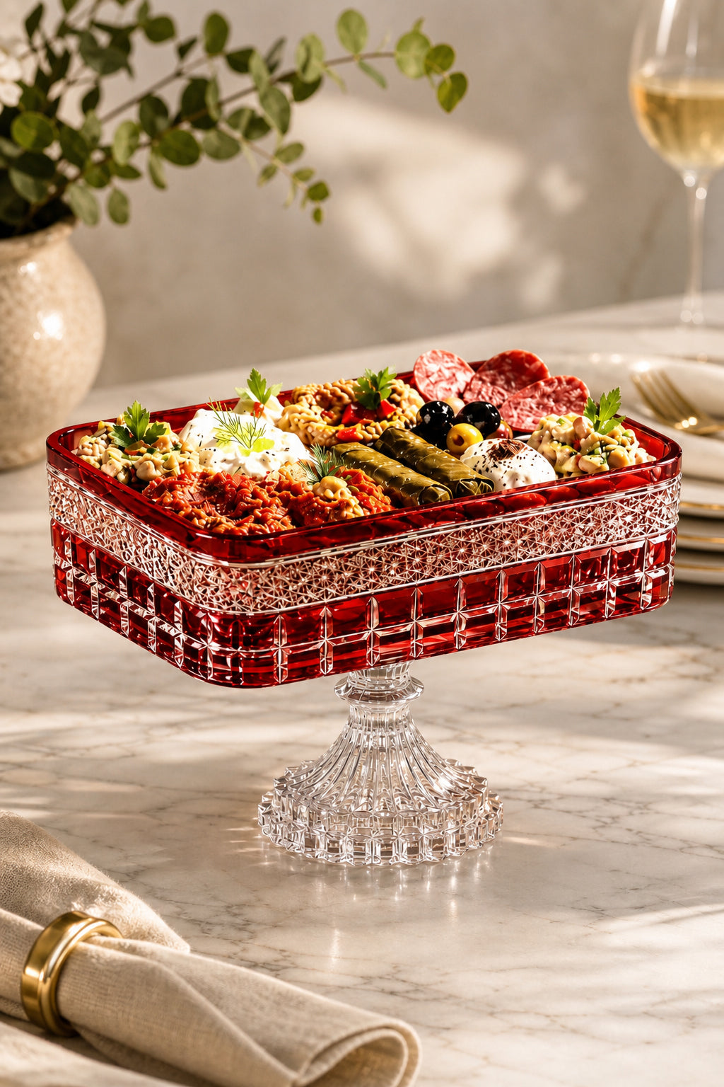 Kesme Kristal Baton Sunum Kasesi 12x24 cm - Cleopatra Desen Dekoratif Sofra Kasesi, 1 Adet