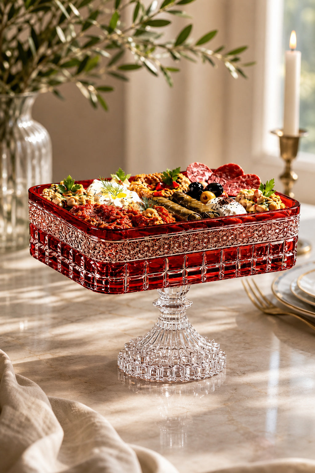 Kesme Kristal Baton Sunum Kasesi 12x24 cm - Cleopatra Desen Dekoratif Sofra Kasesi, 1 Adet