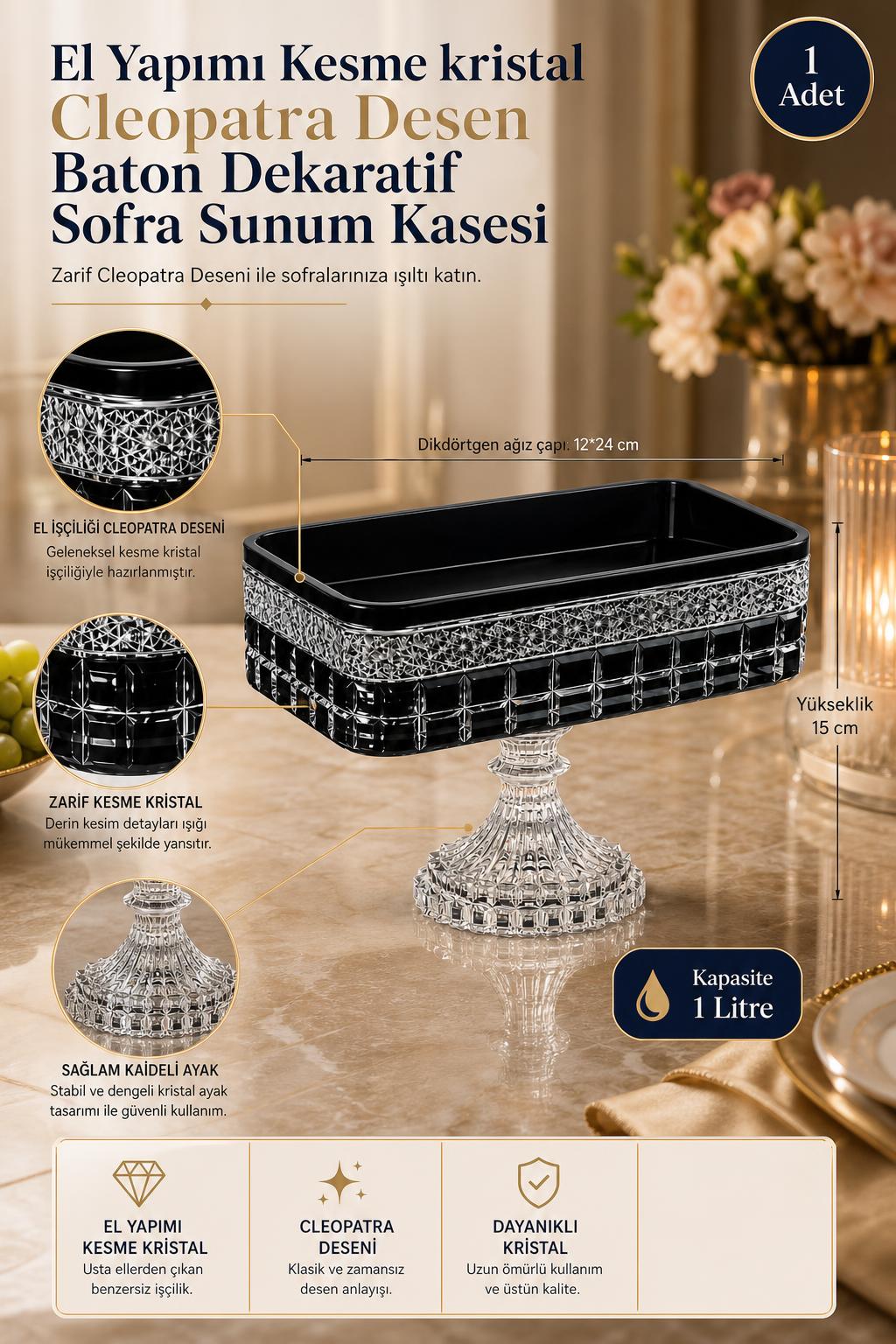 Kesme Kristal Baton Sunum Kasesi 12x24 cm - Cleopatra Desen Dekoratif Sofra Kasesi, 1 Adet