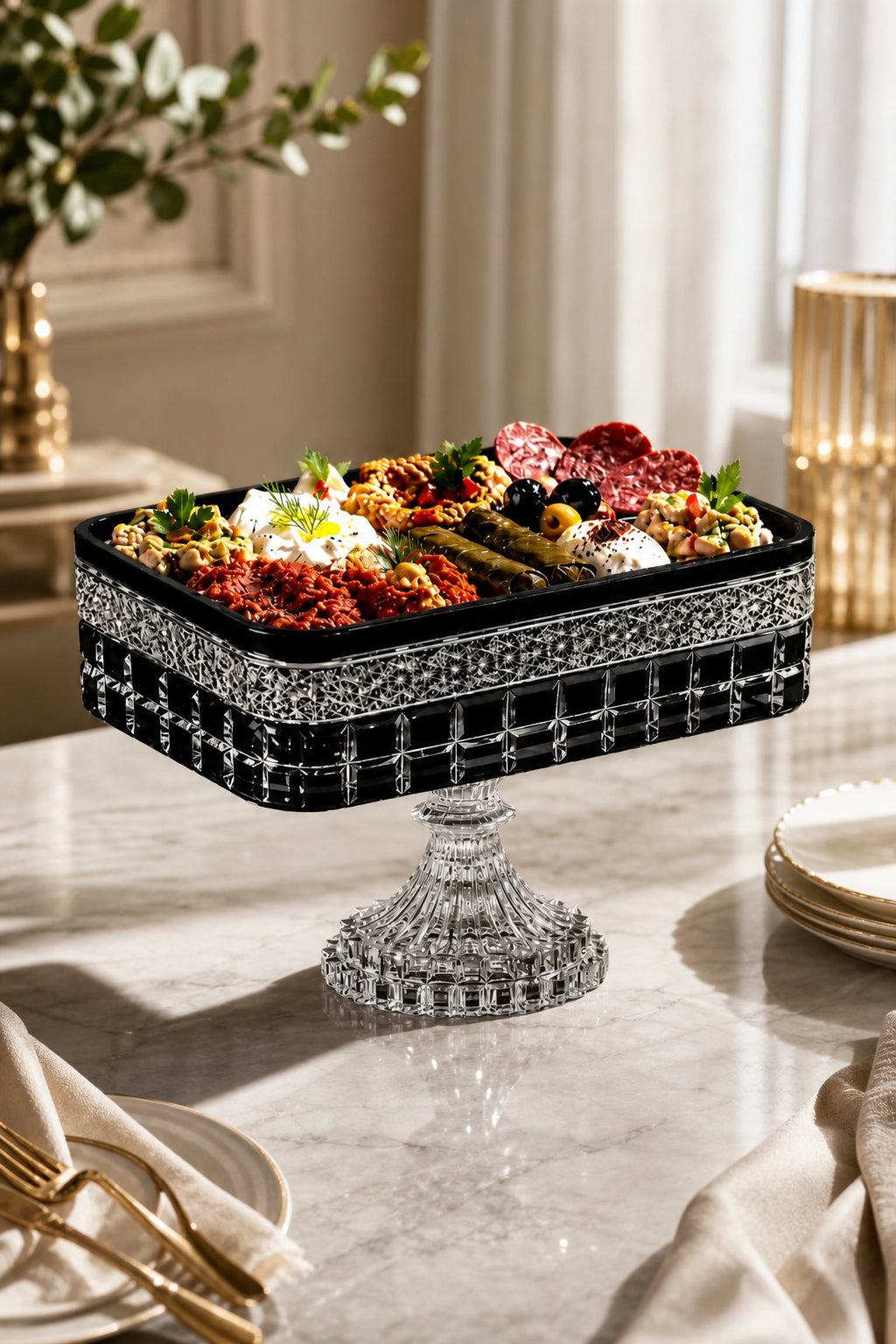 Kesme Kristal Baton Sunum Kasesi 12x24 cm - Cleopatra Desen Dekoratif Sofra Kasesi, 1 Adet