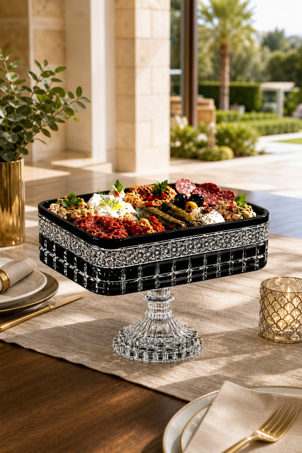 Kesme Kristal Baton Sunum Kasesi 12x24 cm - Cleopatra Desen Dekoratif Sofra Kasesi, 1 Adet