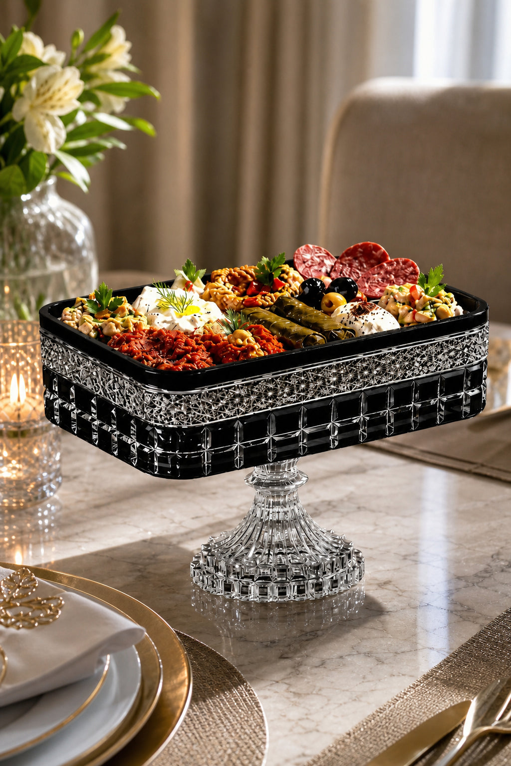 Kesme Kristal Baton Sunum Kasesi 12x24 cm - Cleopatra Desen Dekoratif Sofra Kasesi, 1 Adet