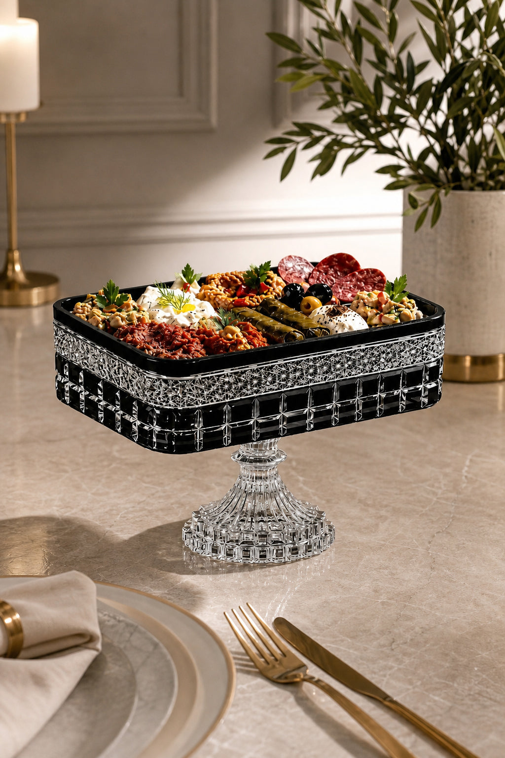 Kesme Kristal Baton Sunum Kasesi 12x24 cm - Cleopatra Desen Dekoratif Sofra Kasesi, 1 Adet