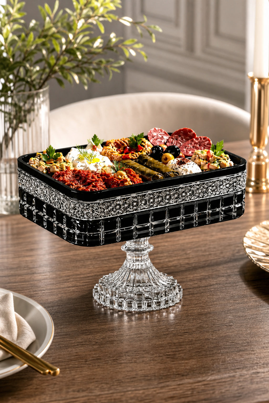 Kesme Kristal Baton Sunum Kasesi 12x24 cm - Cleopatra Desen Dekoratif Sofra Kasesi, 1 Adet